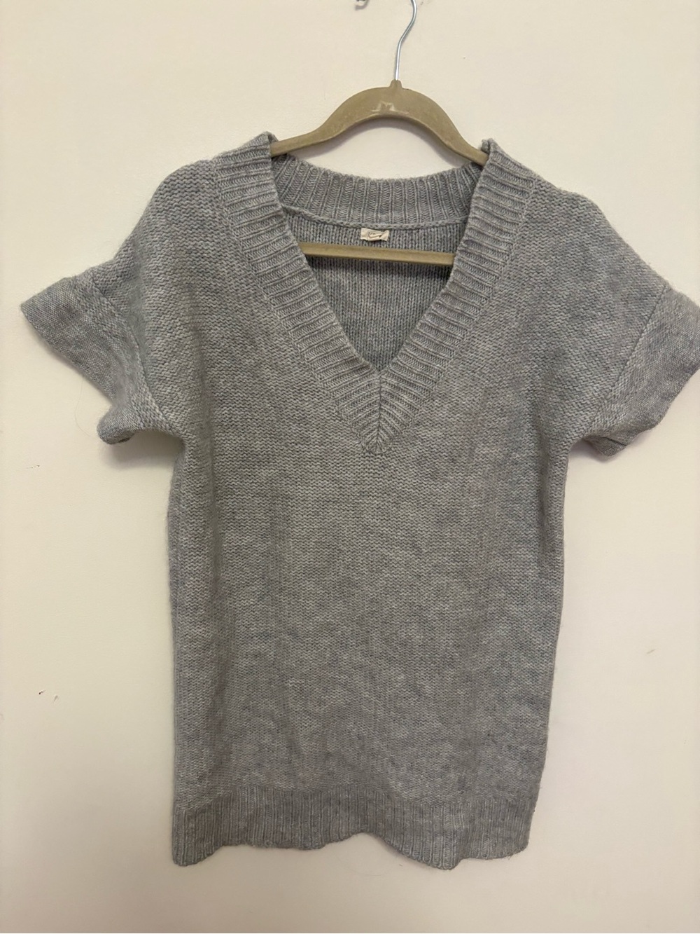 J. Crew Light Gray V Neck Short Sleeve Knit Sweater Tunic Top S Wool Alpaca